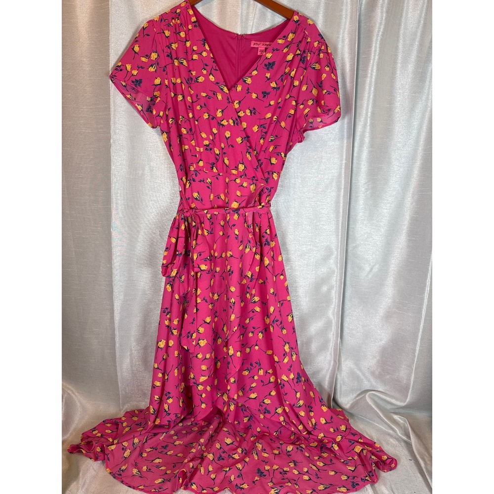 Betsey Johnson Wrap Dress Pink Floral Short Sleeve Midi Tie Waist‎ Women's 14